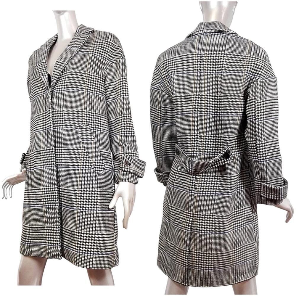 ZARA Wool Blend Glen Plaid Check Coat Longline Black White XS