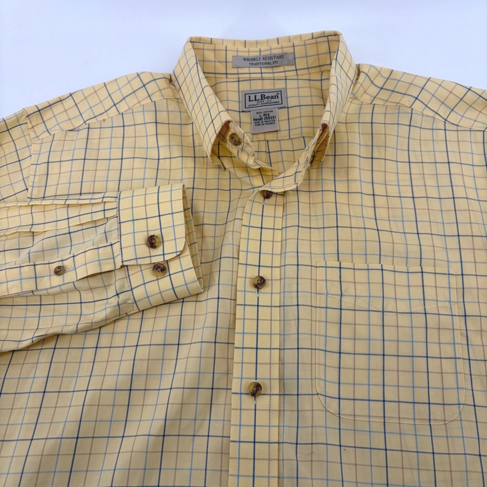 LL Bean Mens L Yellow Tattersall Check Shirt Wrinkle Resistant Traditional‎ Fit