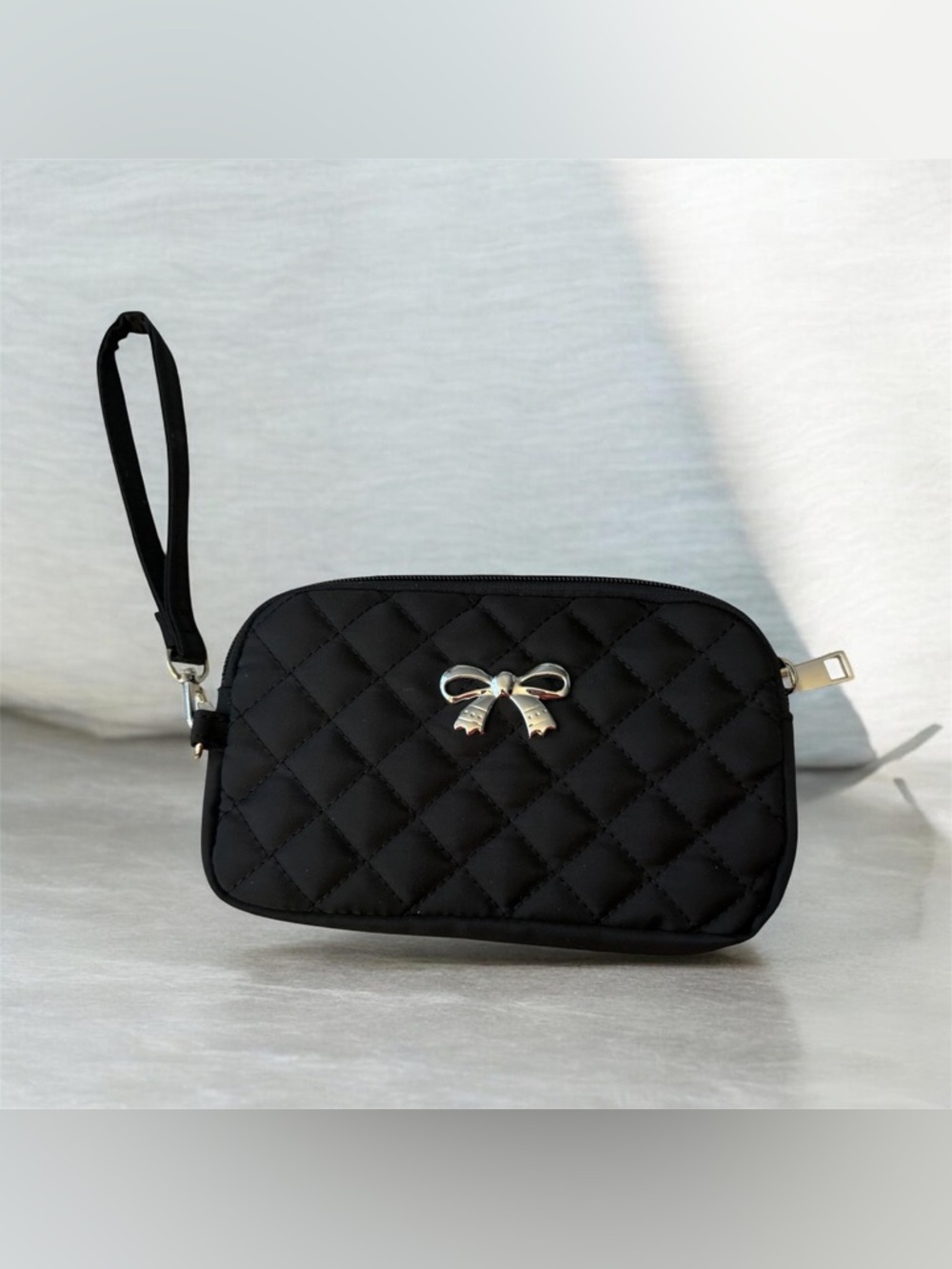 Black Quilted Wristlet purse with Gold Bow Accent
