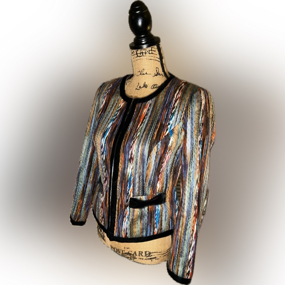 Katherine Multitextured Yarn Striped Velvet Trim Colorful Blazer Jacket Petite S - Picture 3 of 10