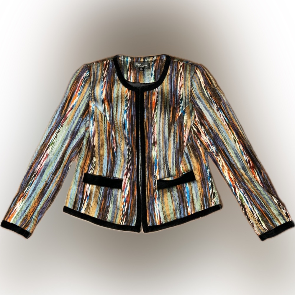 Katherine Multitextured Yarn Striped Velvet Trim Colorful Blazer Jacket Petite S - Picture 6 of 10