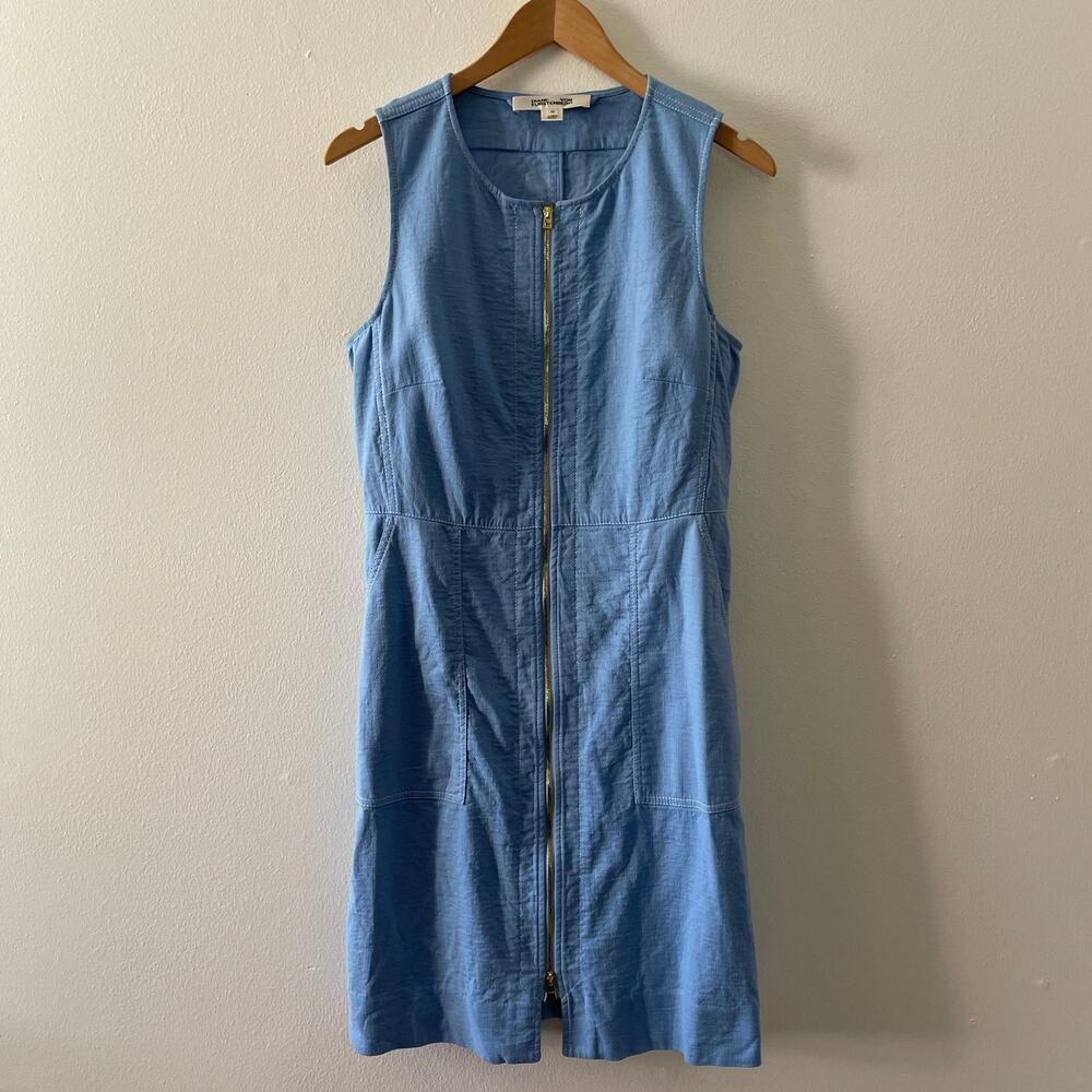Diane Von Furstenberg Dress Womens 10 Blue Linen Blend Classic Coastal Preppy