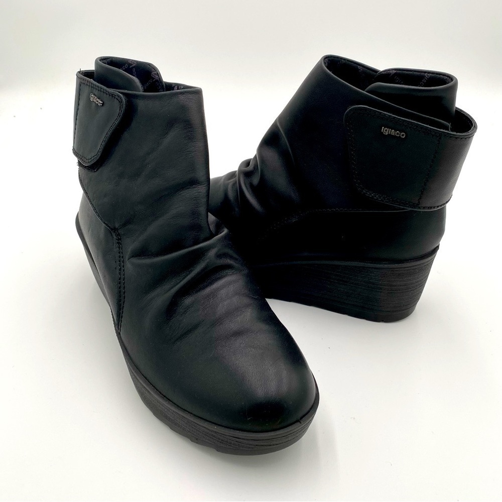 IGI&CO Women's Leather Wedge‎ Heeled Ankle Booties Boots Shoes Black 6.5 (NWOT)