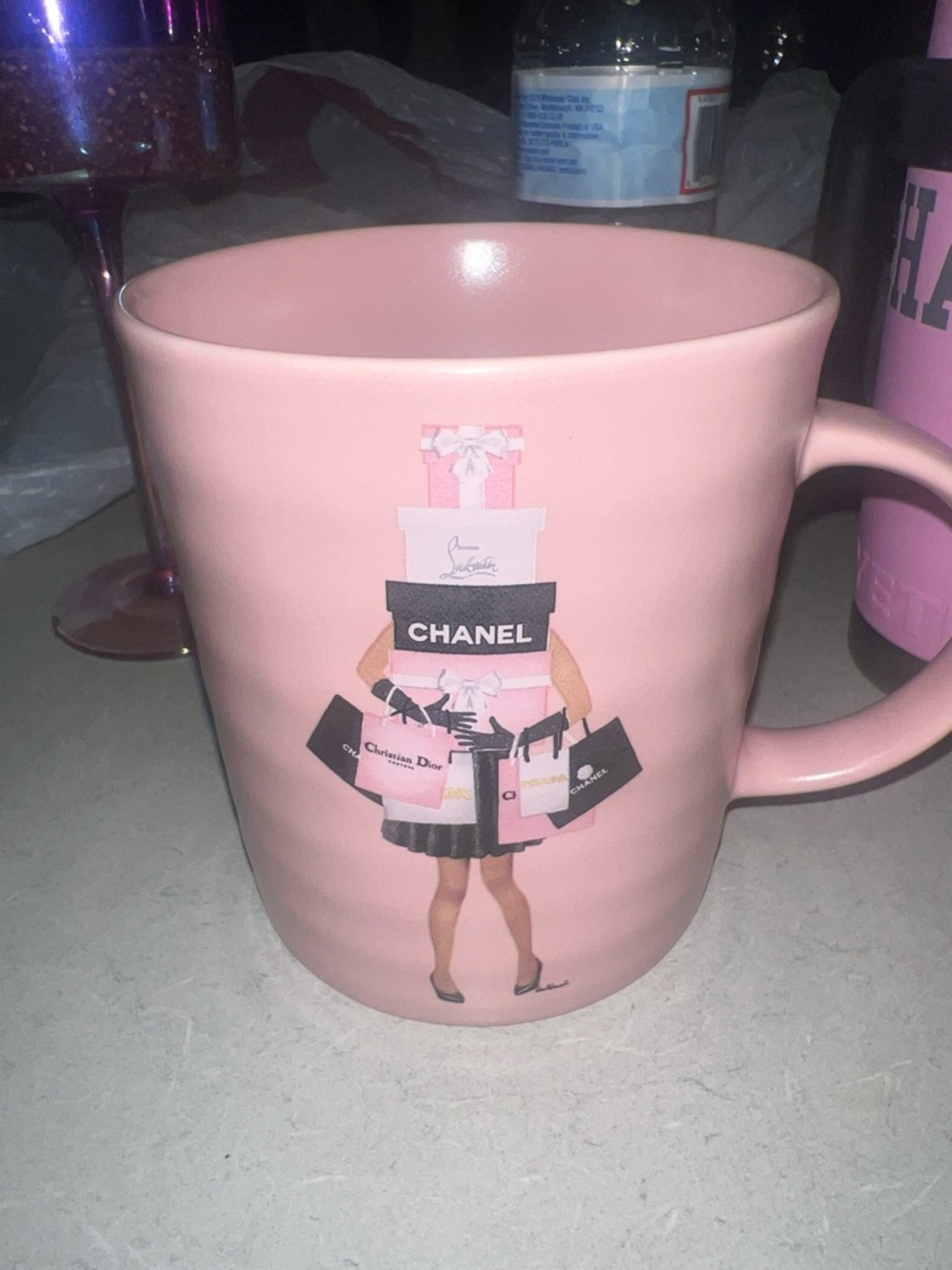CHANEL Pink Ceramic Mug with Luxury Shopping Graphic