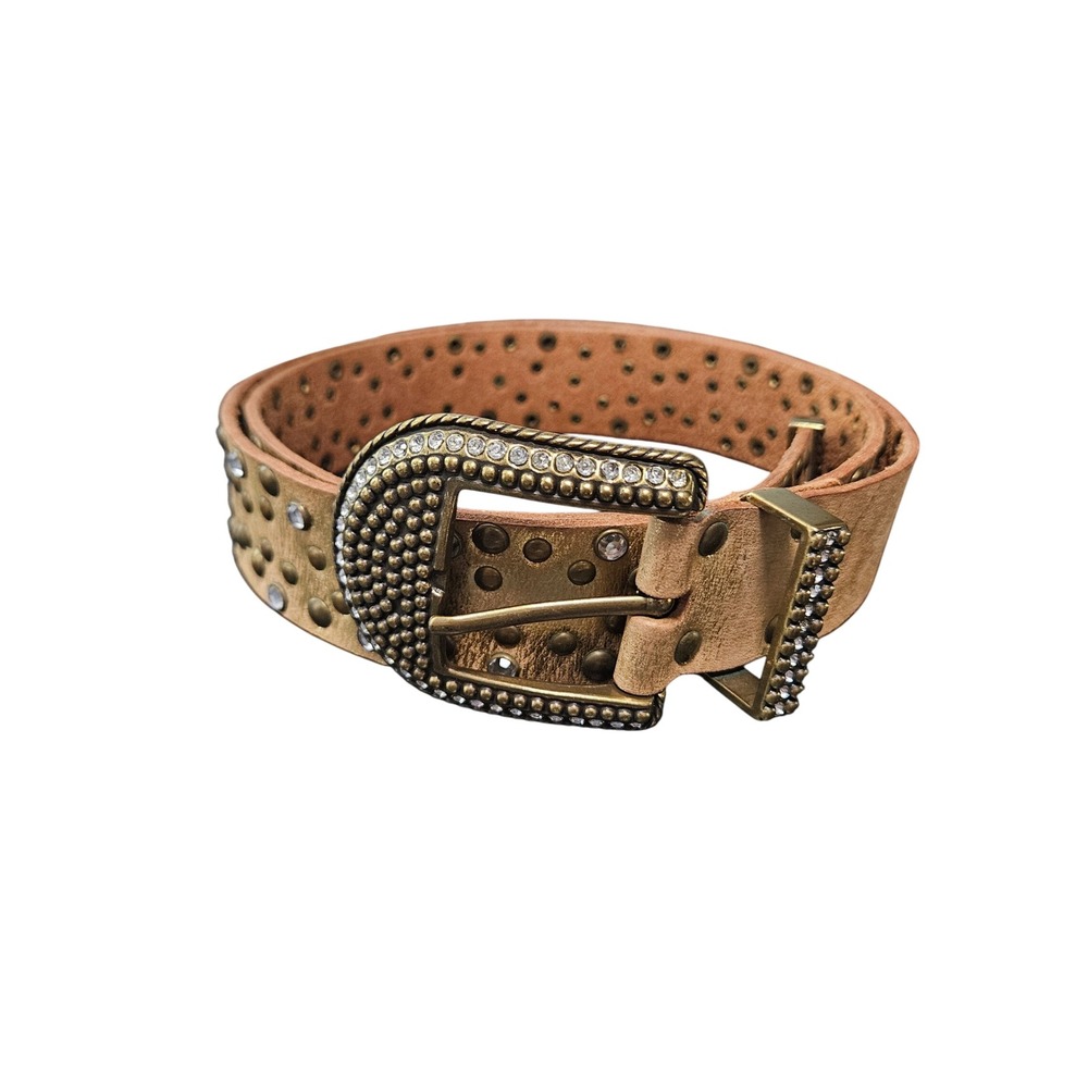 Arizona Jean Co Full Grain Cowhide Y2K Studded‎ Western Belt Rhinestone Buckle L