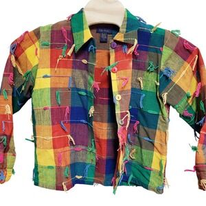 Life Style Plaid Fringe Jacket Rainbow Multi‎ Color Buttons Women's Medium Funky