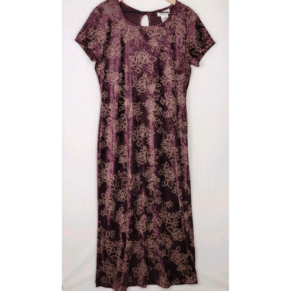 VTG Lisa Jo Y2K Velvet Maxi Dress Dark Wine Gold Floral Glitter Juniors 15/16 - Picture 2 of 9