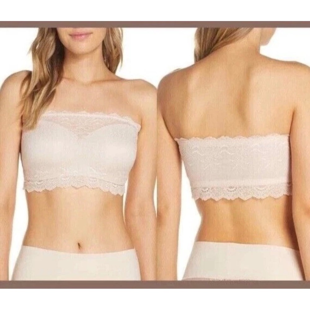 Spanx Undietectable Lace Bandeau Bra‎ Beige Wireless Mesh Strapless Size Large