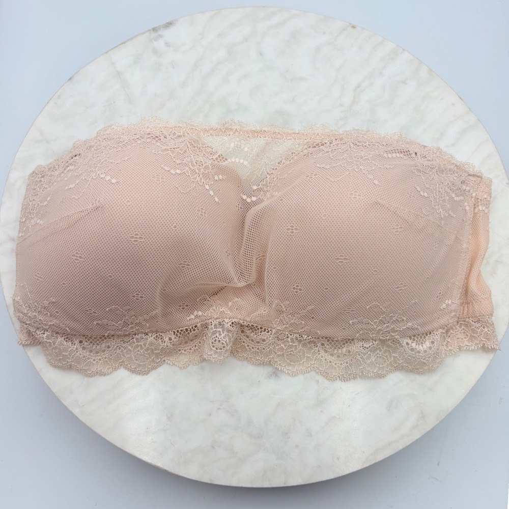 Spanx Undietectable Lace Bandeau Bra‎ Beige Wireless Mesh Strapless Size Large - Picture 2 of 8