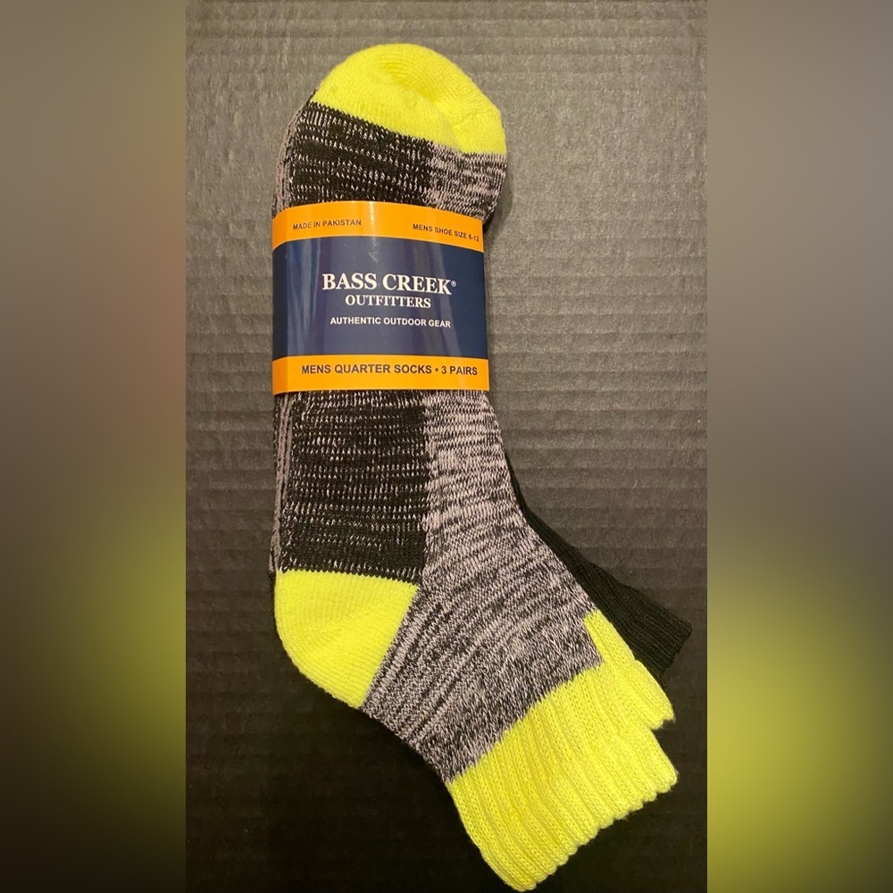 Bass Creek Outfitters 3 Pair Quarter‎ Socks Men’s 6-12 Yellow Black Gray