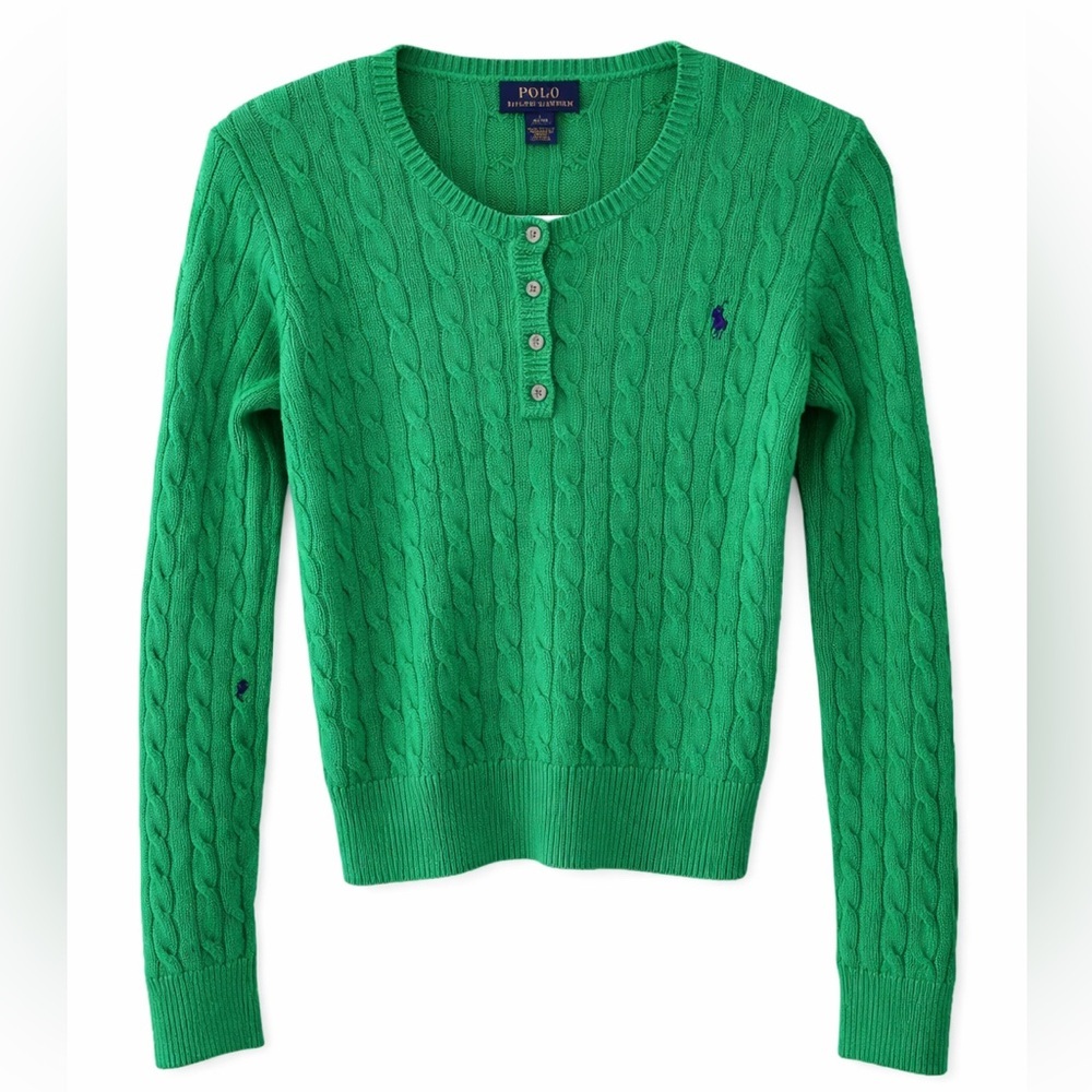 Polo Ralph Lauren Green Cable Knit Sweater Suede Elbow Patches Youth L 12–14