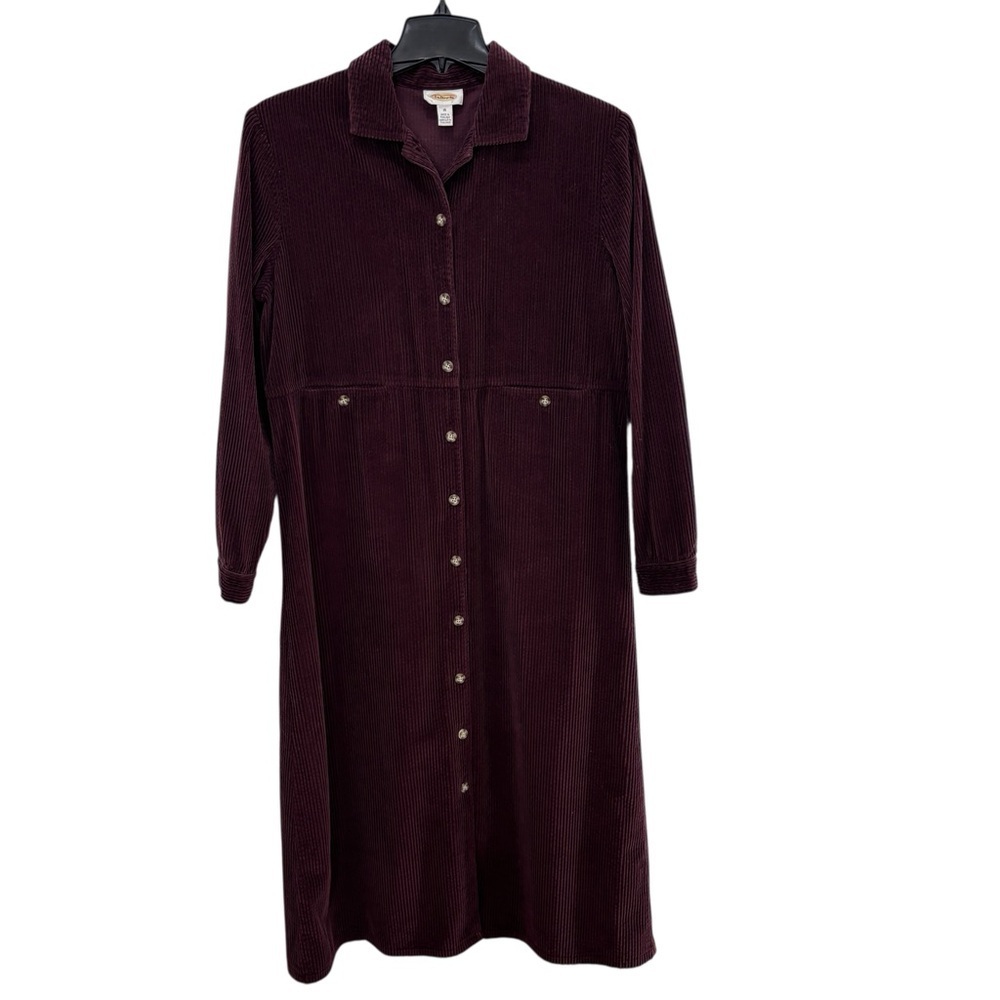 Talbots Shirt Dress Sz 16 Wide Wale Corduroy Plum Burgundy W/ Pockets Long Maxi
