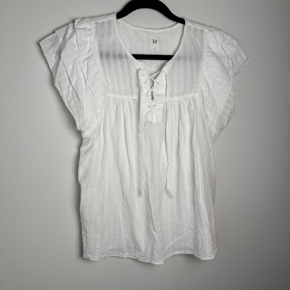 Gap 100% Cotton Blouse Tiered Ruffle Sleeve Lace Up Optic White Size Sm