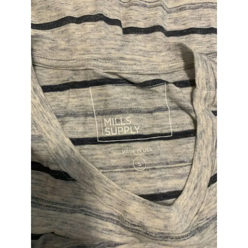 Mills Supply Gray Blue Cotton Striped Crew Neck T-Shirt Size Small - Picture 3 of 7