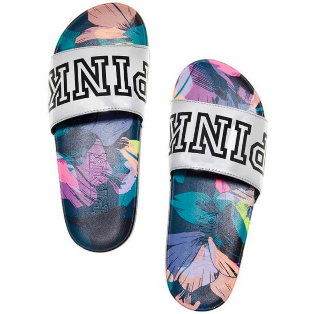 Victoria’s Secret PINK slides metallic silver pink slides flip flops tropical