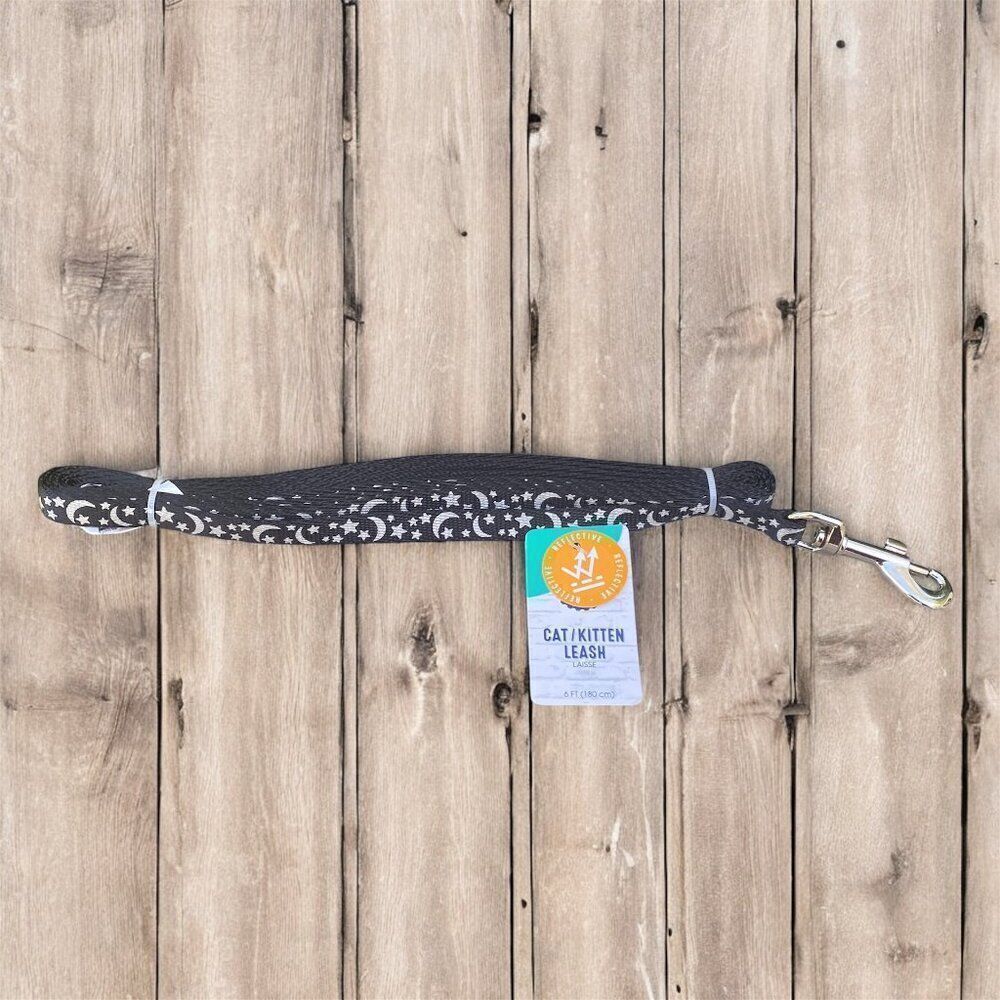 NWT New Whisker City Pet Cat/Kitten Leash Black/Silver Stars & Moon Reflective