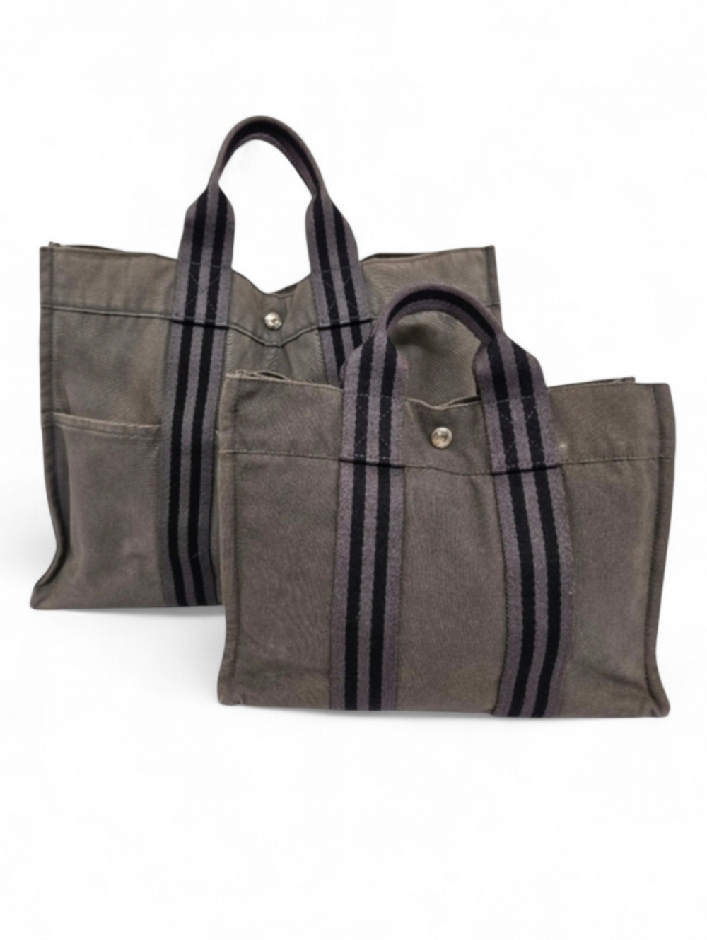 Hermes Canvas Fourre Tout Holdall MM and GM Tote Bag Set in Gray and Black