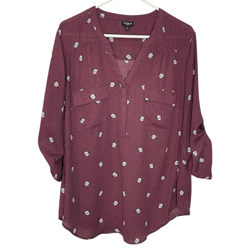 Torrid 2 Purple Pug Print Harper Blouse Roll Tab Sleeve Dog Lover Whimsical