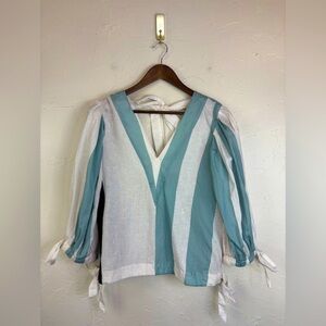 KATHARINE KIDD 100% Linen Bow Top‎ Blouse V Neck White Beach Striped White Small