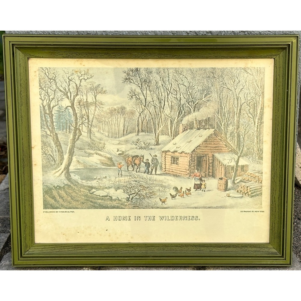 Currier and Ives " A Home in‎ the Wilderness" Lithograph print, Green Frame