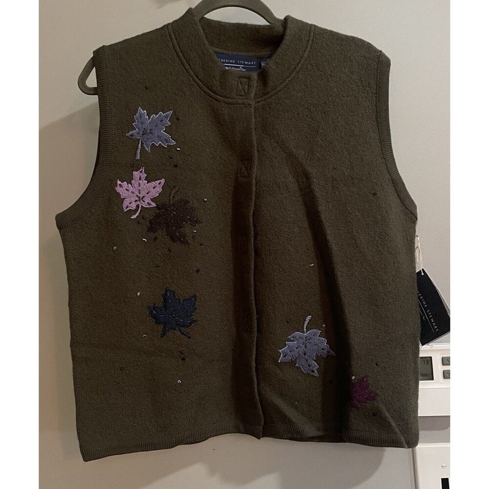 Catherine Stewart‎ Sweater Vest Zip Up Wool Leaf Print Vintage Womens XLarge New