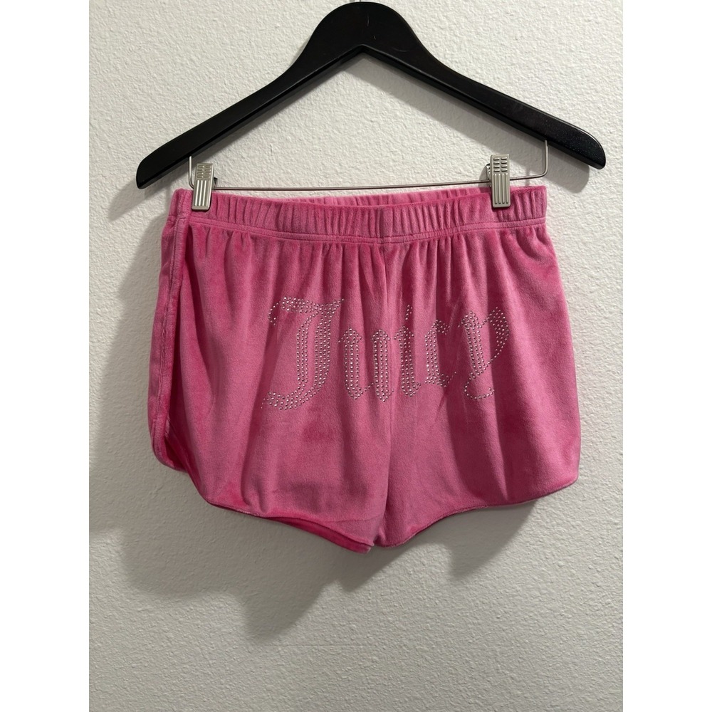Juicy Couture Velour Sweat Shorts Pink M Rhinestone Logo Elastic Waist Y2K