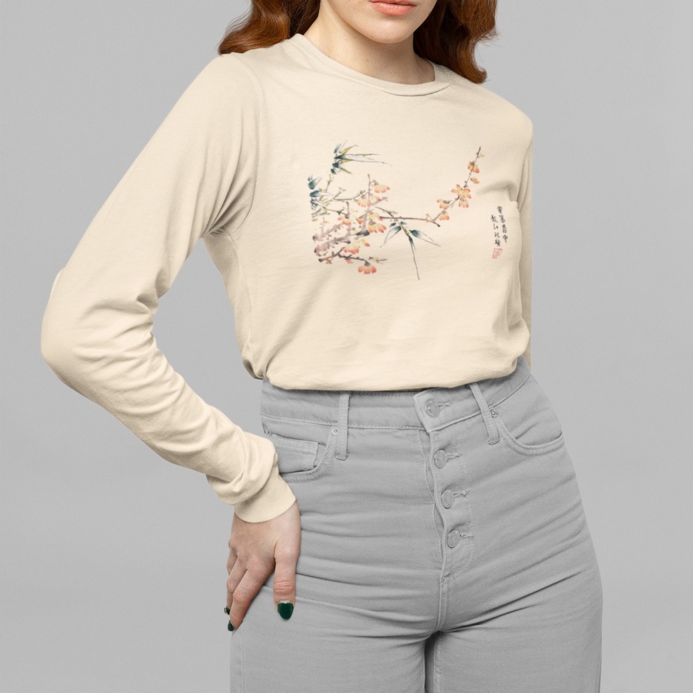Chinese Orange Blossoms VTG Art Print Long Sleeve Graphic Tee T-shirt S M L XL