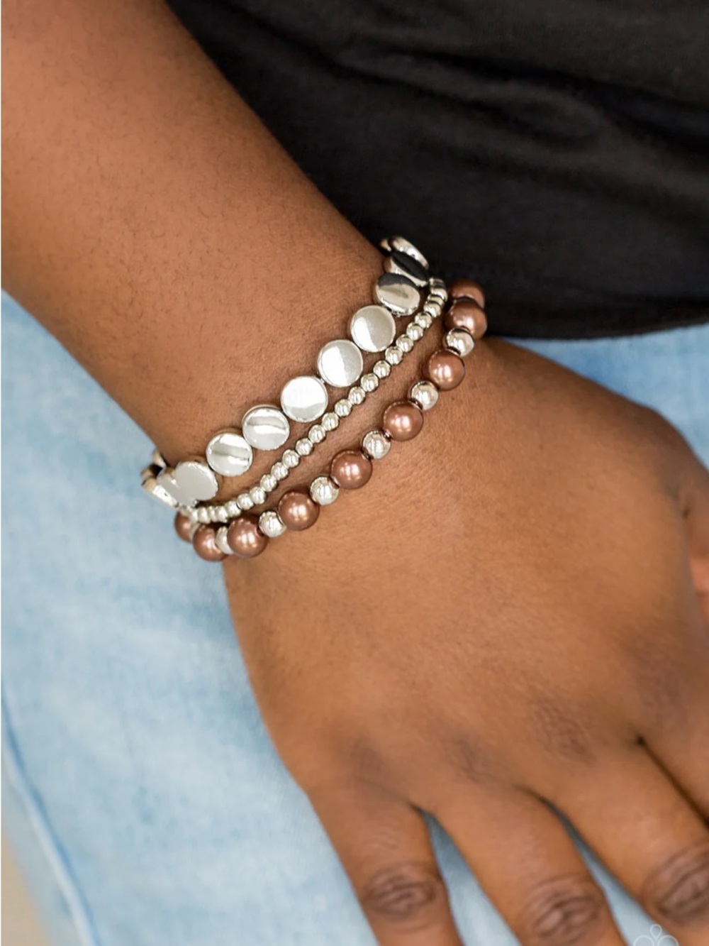 Stacked Silver and Brown Beaded Bracelet Set