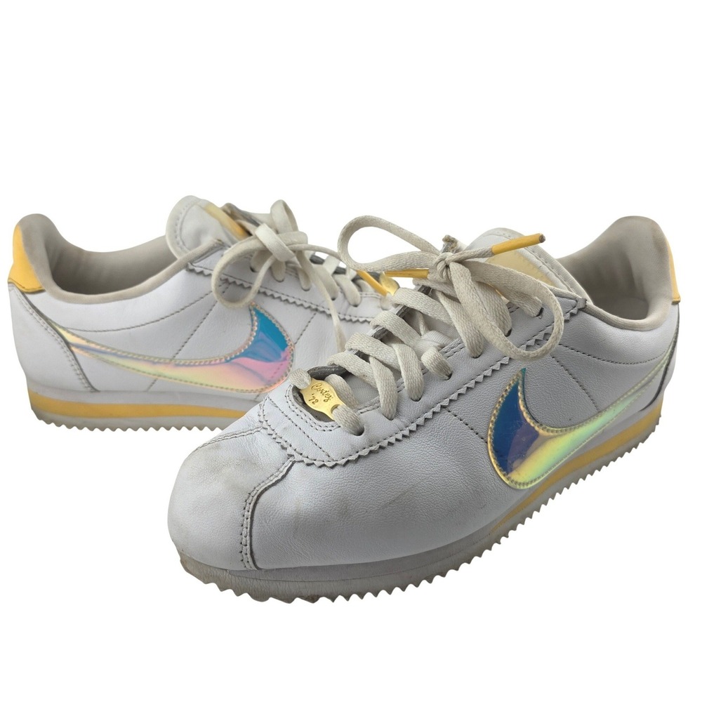 Nike Cortez 72 Sneakers Womens White Yellow FAIR Iridescent Swoosh Shoes 7.5
