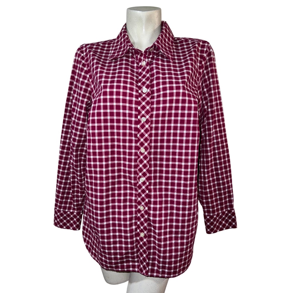 Talbots Plus Size 1X Gingham Button Down Shirt Berry Red White Cotton Stretch