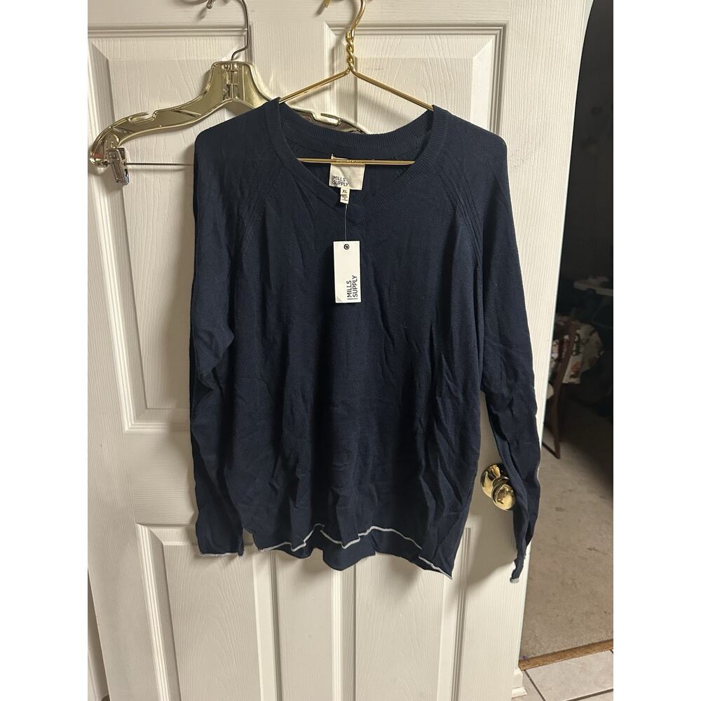 Mills Supply Pullover Sweater Mens XL V Neck Blue Cashmere Wool Blend 50w NWT