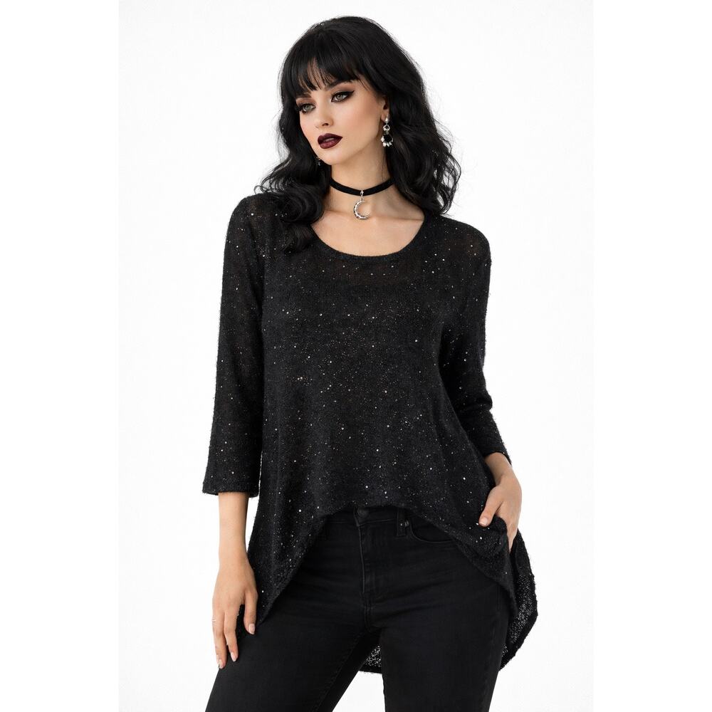 Anne Klein Black Sequin Sweater Tunic 3/4 Sleeve Swing Hem Witchy Whimsigoth Y2K