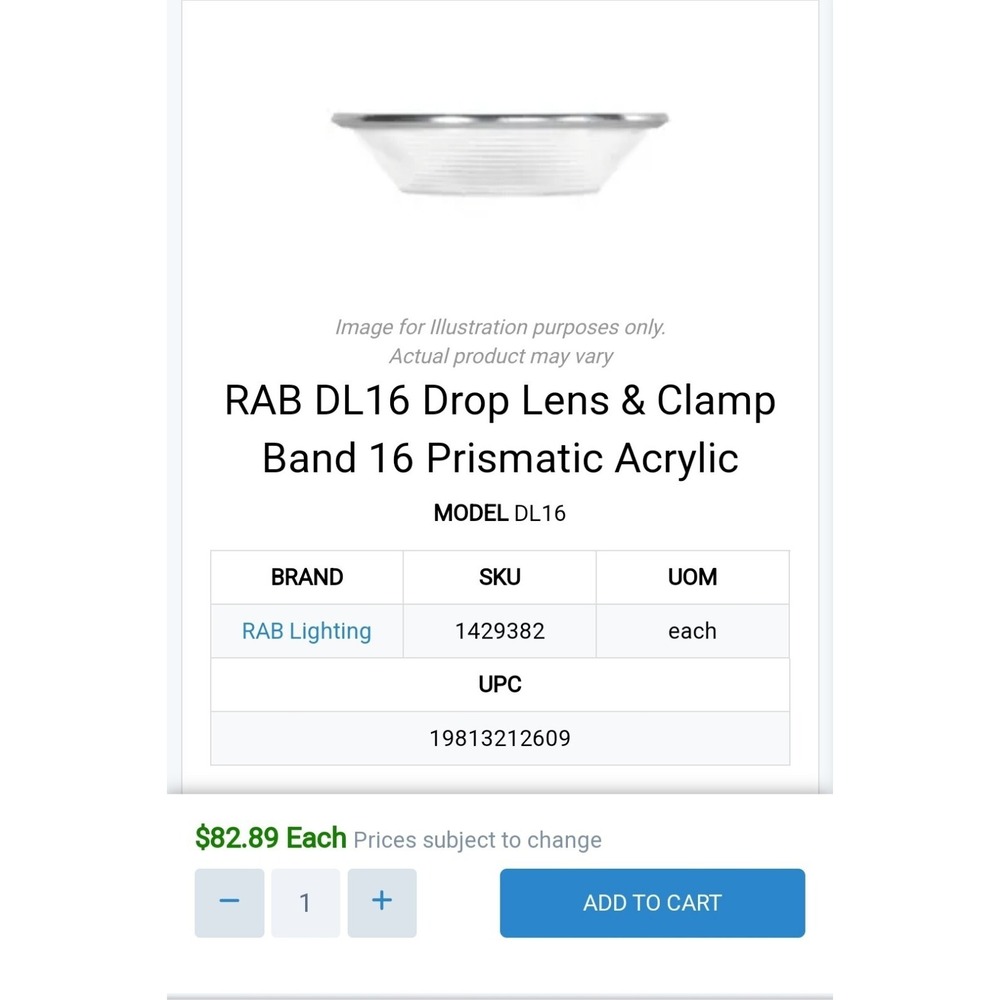 RAB DL16‎ Drop Lens Clamp Band 16 Prismatic Acrylic Lighting Fixture