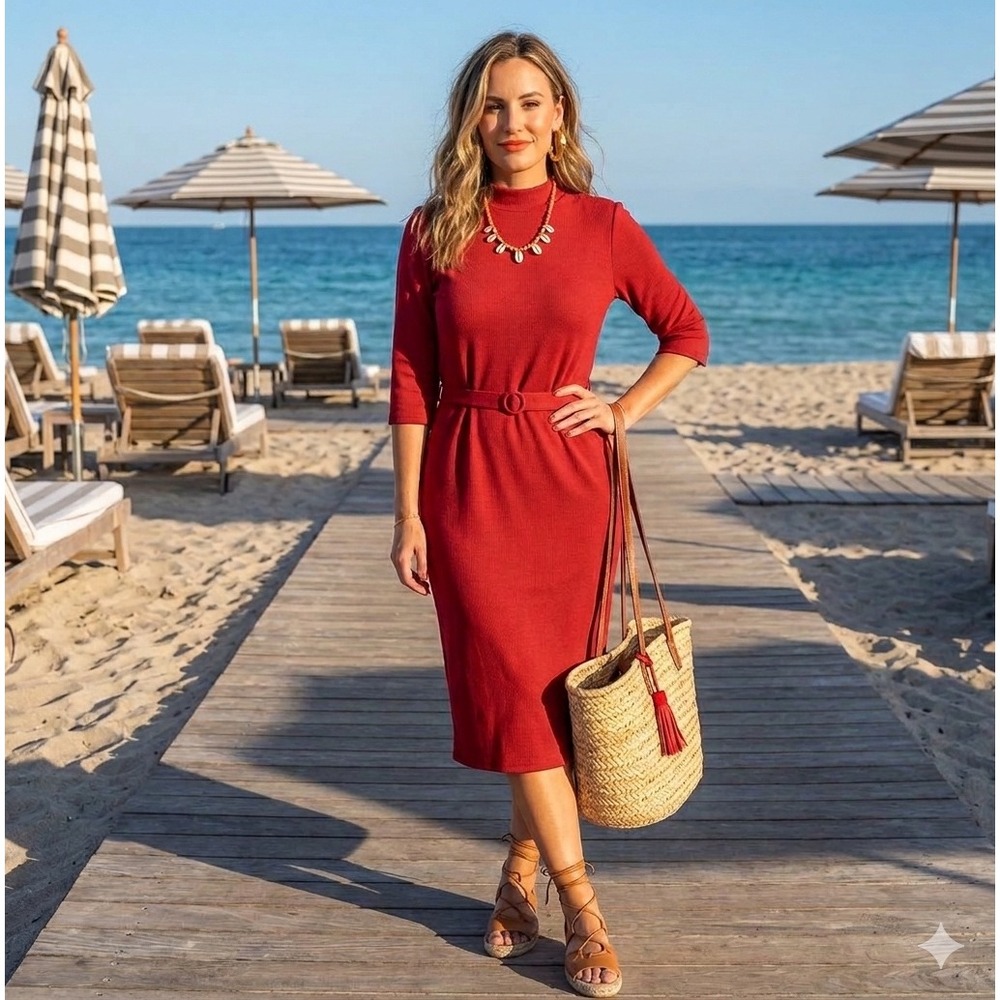 🚨Zara 🤑Red Mock Neck SEXY Belted Midi Dress Elbow Sleeve Sheath Lg $99 🆕