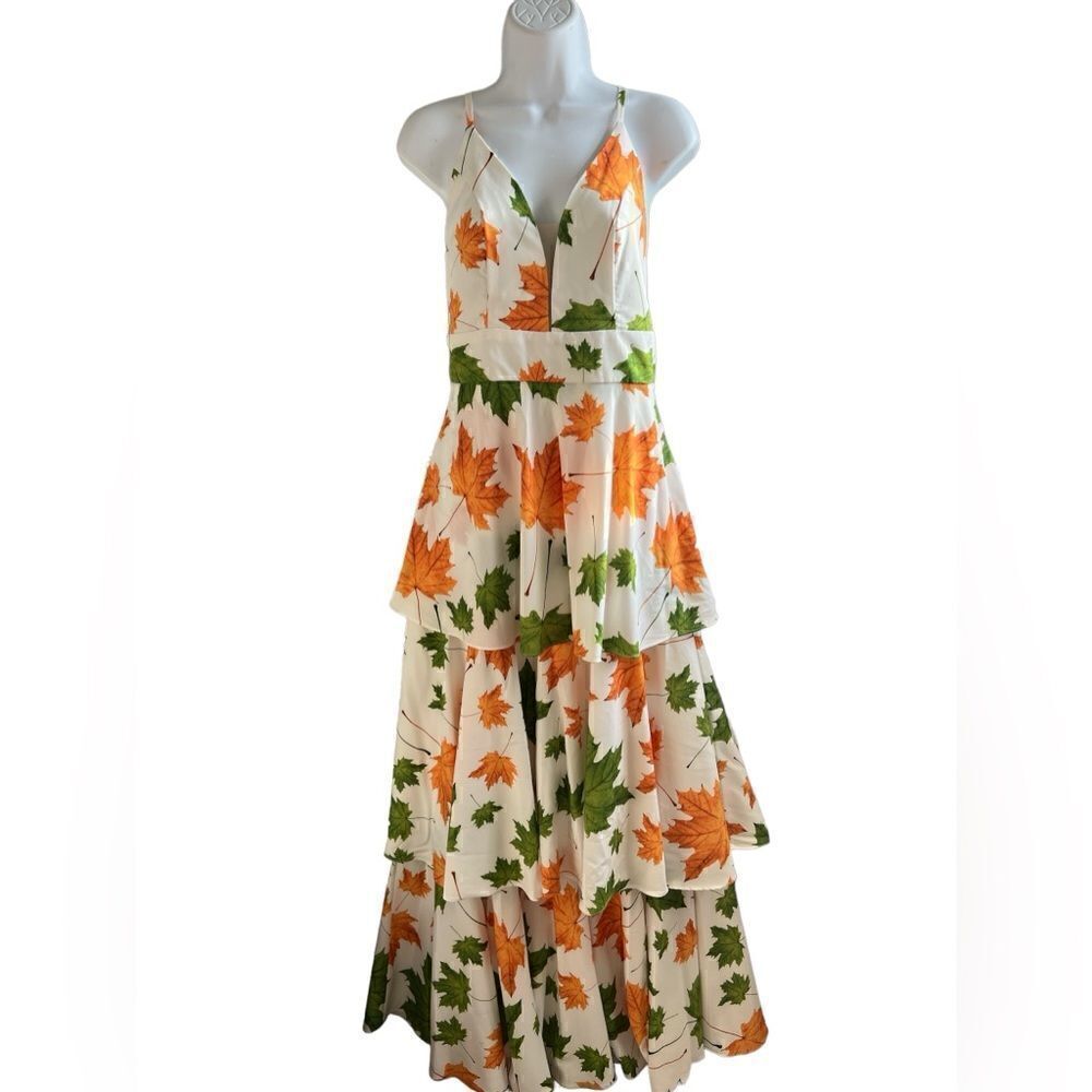 ORIANA RIVERA Tree Leaves Printed Maxi Dress in Fall Ruffles Size L.