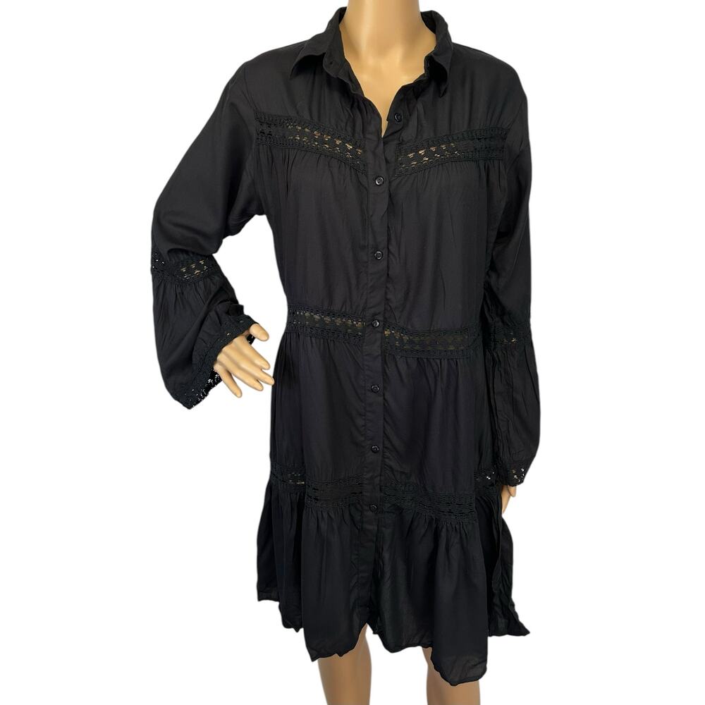 2/$30 NWT Raviya Lace-Inset Dress Cover-Up Black Button Front Swimwear Size M - Picture 2 of 10
