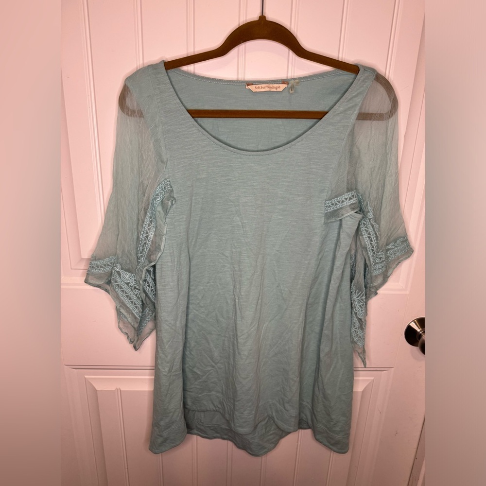 Soft Surroundings Tiffany Blue Sheer Lace Open Sleeve Blouse - Picture 2 of 5