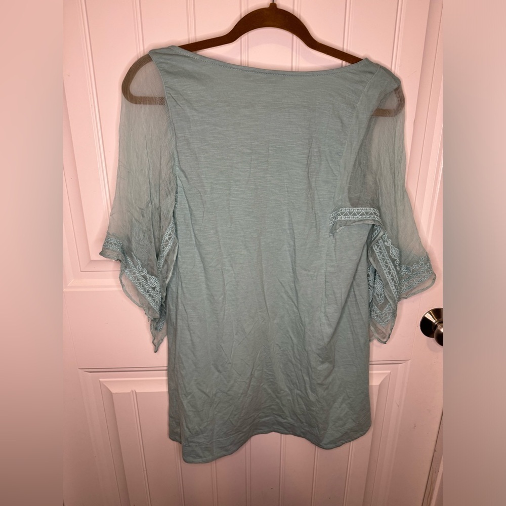 Soft Surroundings Tiffany Blue Sheer Lace Open Sleeve Blouse - Picture 5 of 5