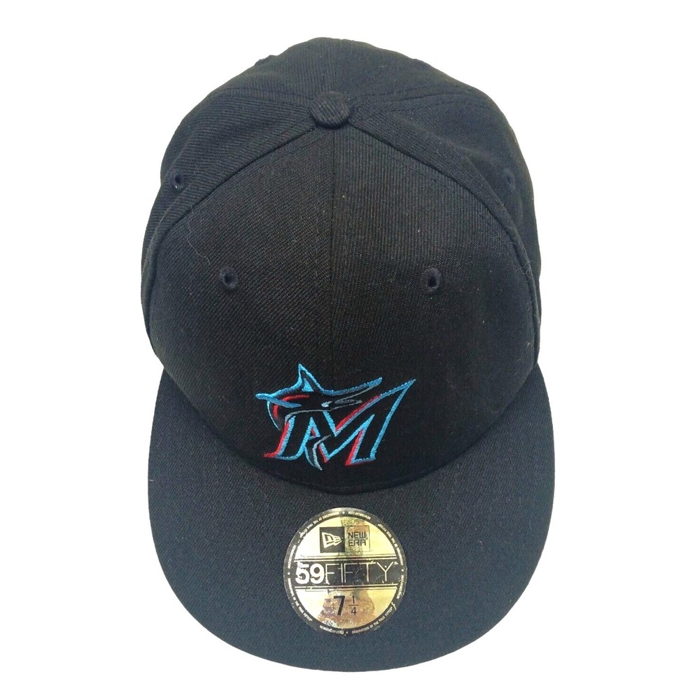 New Era Miami Marlins‎ MLB Florida  Black UV 59Fifty Fitted Hat Cap 7 1/4
