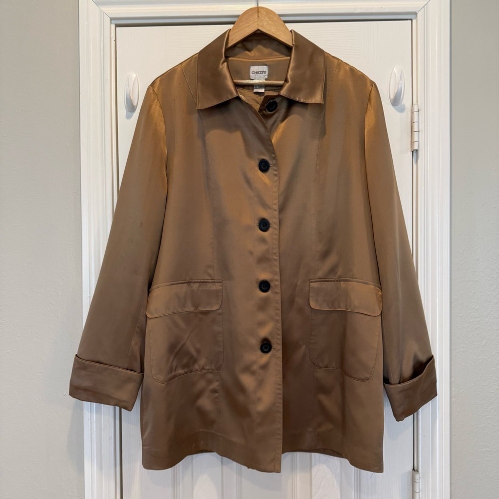 Chicos 100% Silk Pea Coat Jacket Women’s Large (2) Gold Tan Classic Elegant Luxe