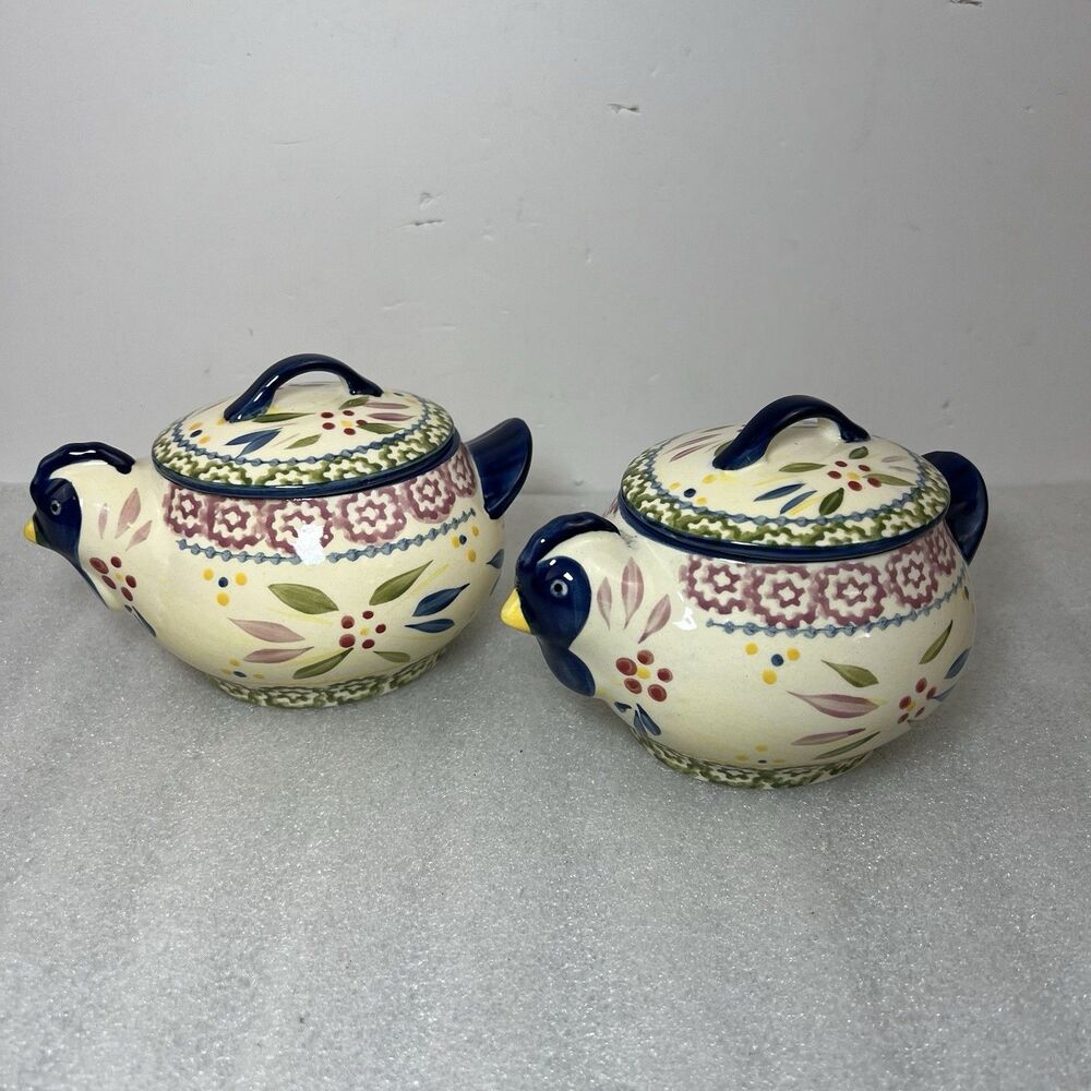 2 Temp-tations Presentable Ovenware Tara Blue Old World CHICKEN Sugar/Soup Bowl