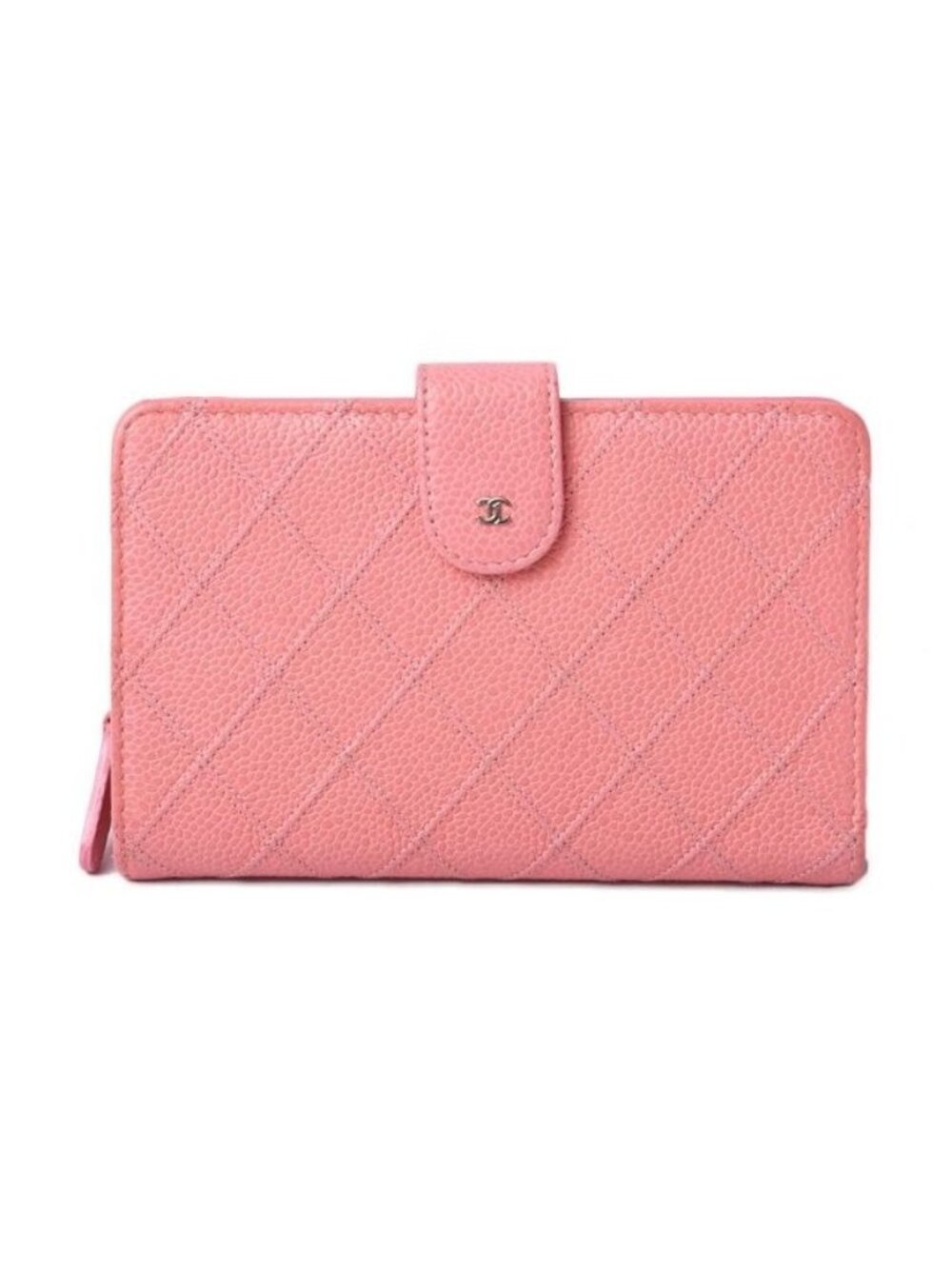 Chanel Wallet 2 Fold Leather Quilted Stitching Rose Silver