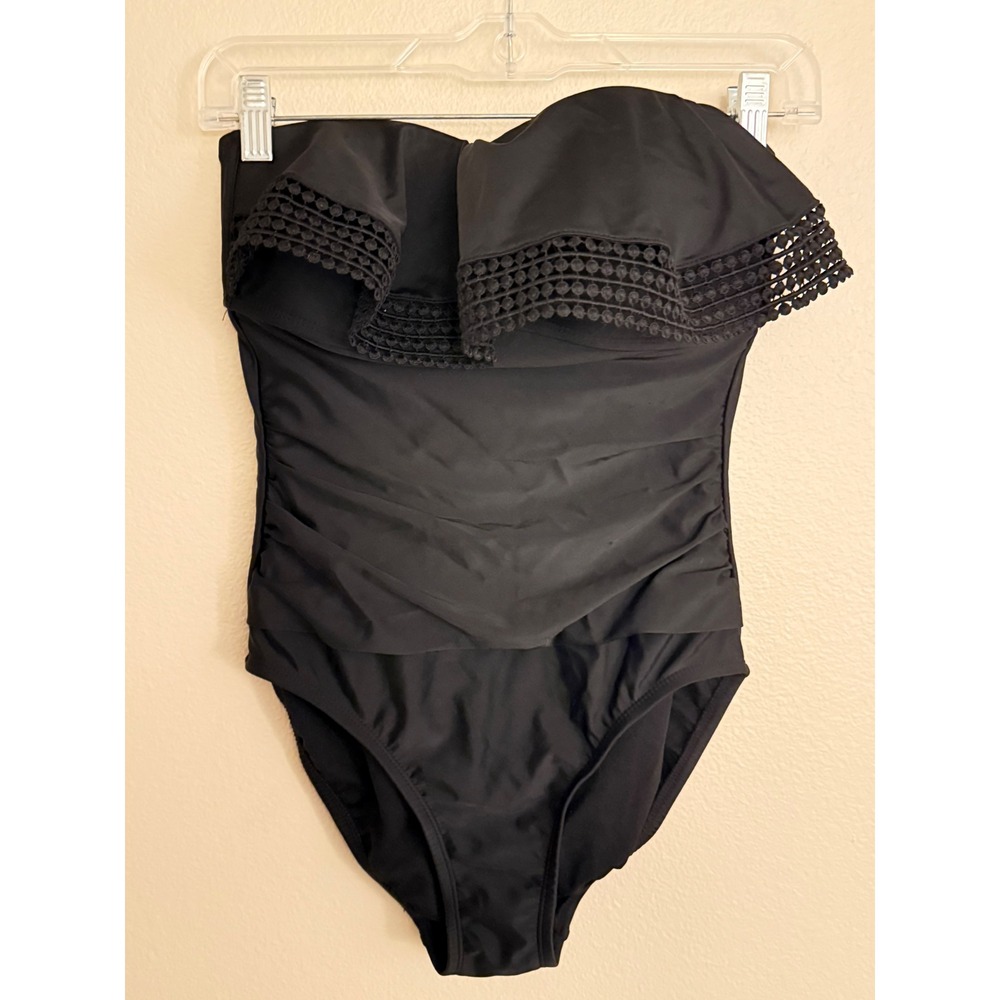 Kona Sol Womens Black Ruffle Bandeau One Piece Swimsuit Crochet Trim Small