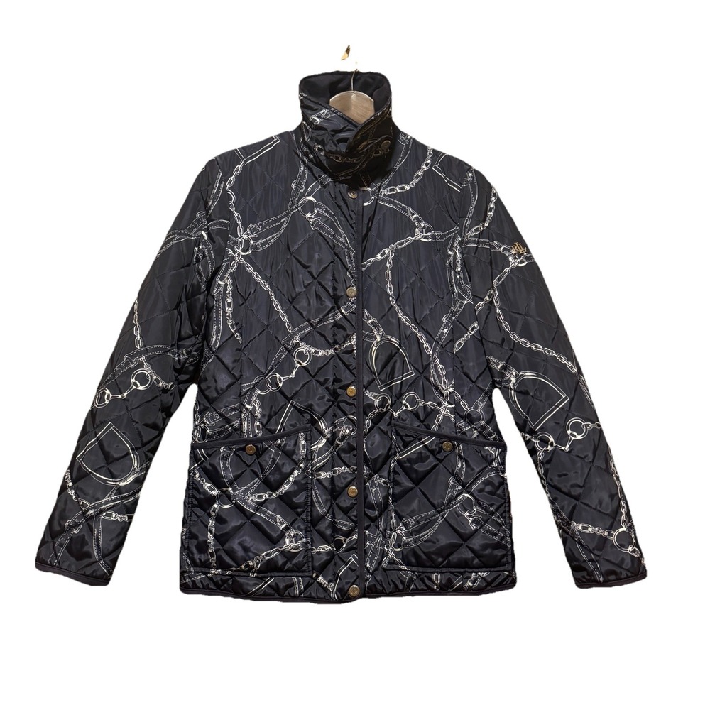 LAUREN RALPH LAUREN Belting-Print Quilted Jacket Navy Blue Equestrian Women's Sm