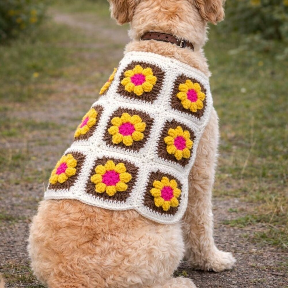 Handmade Crochet Granny Square Dog Vest Floral Boho Pet Sweater Cozy Stylish Med