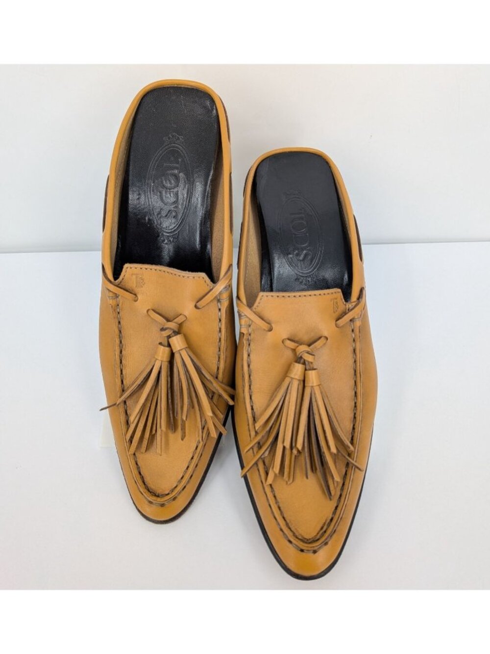 Tods Leather Tassel Mule Loafer Slip On Wedge Kitten Heel Y2K Pointed Size 37 EU - Picture 4 of 11