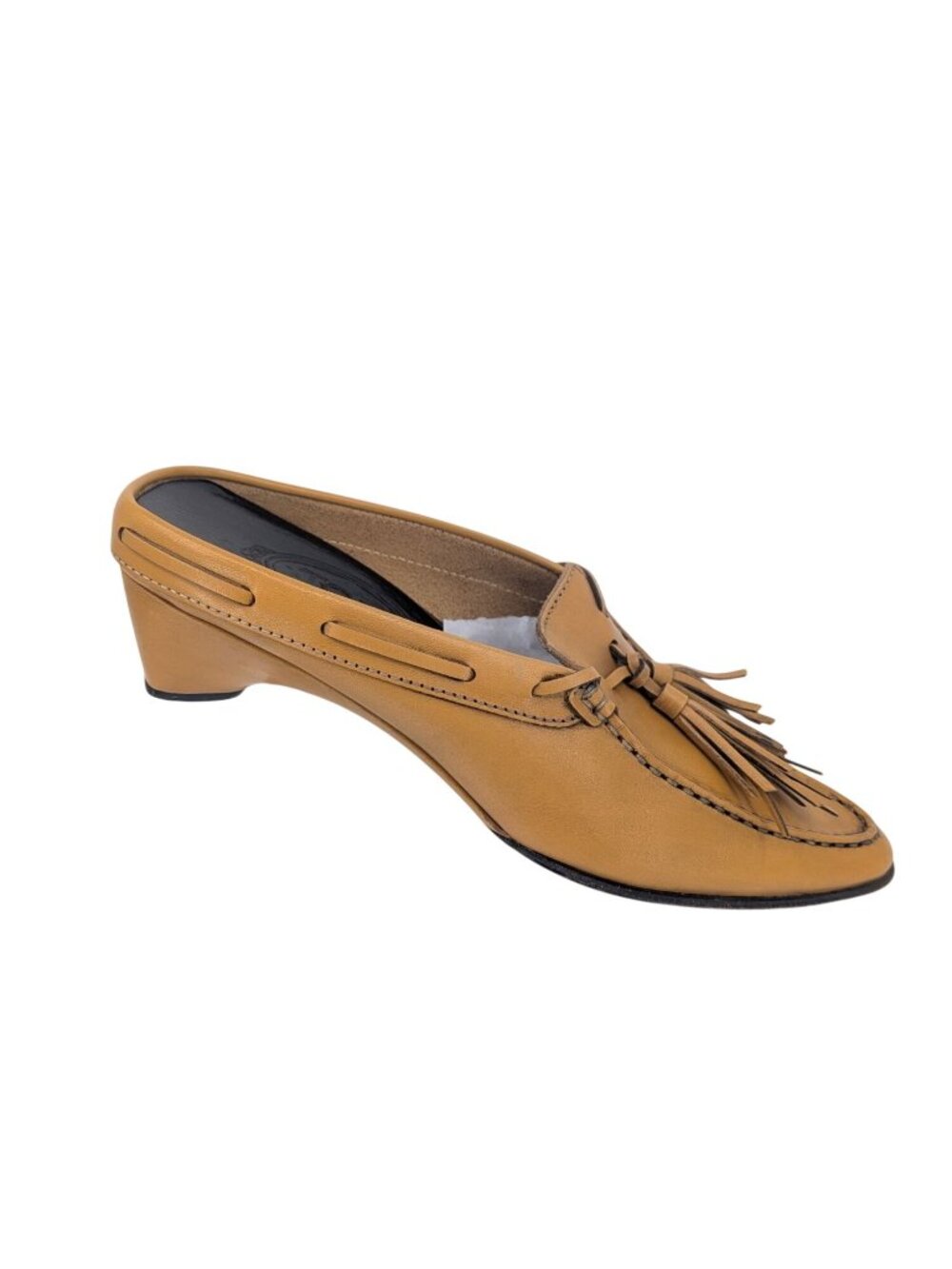 Tods Leather Tassel Mule Loafer Slip On Wedge Kitten Heel Y2K Pointed Size 37 EU - Picture 2 of 11