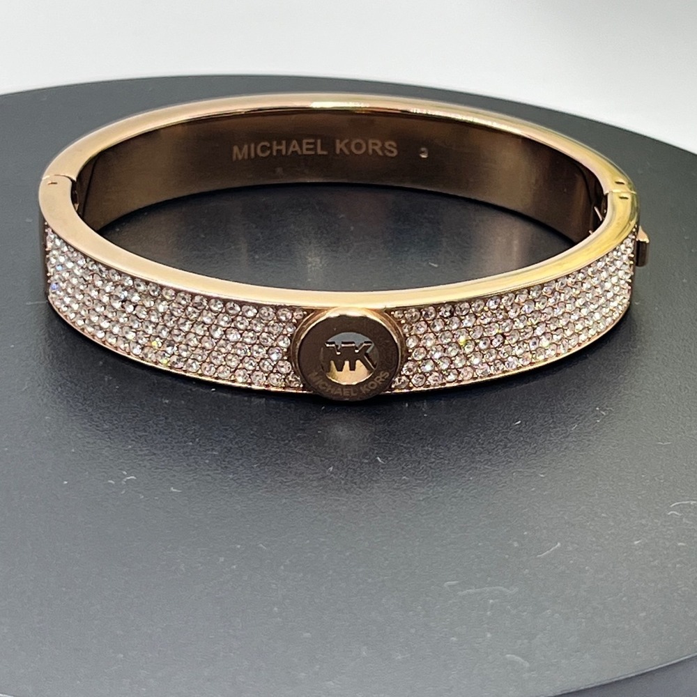Michael Kors Rose Gold Tone‎ Brilliance Pave Hinged Logo Bangle Bracelet