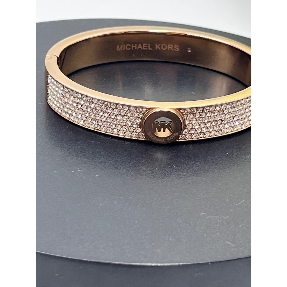 Michael Kors Rose Gold Tone Brilliance Pave Hinged Logo Bangle Bracelet - Picture 2 of 13