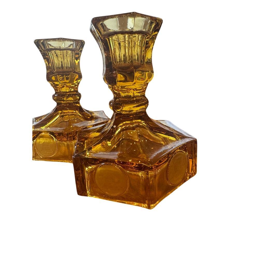 Vintage Pair of Fostoria Amber Coin Glass Condlestick Holder - Picture 2 of 4